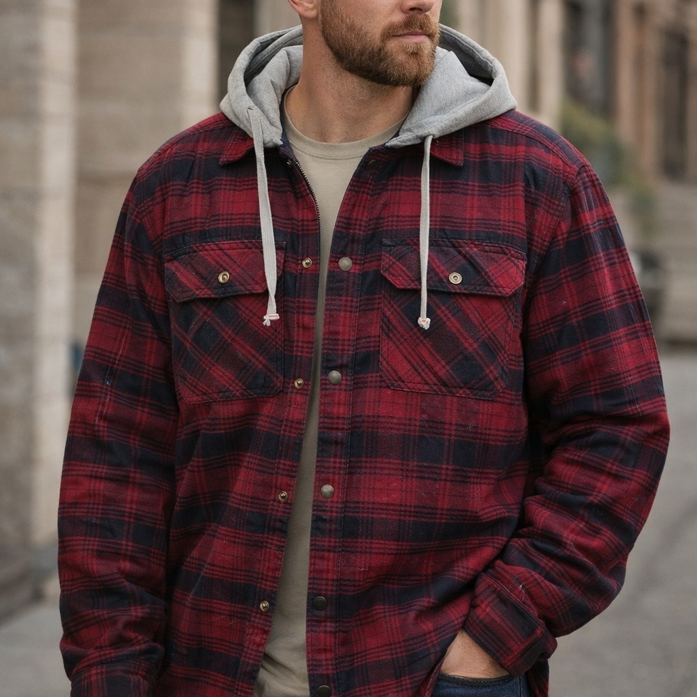 CQR Men's Hooded Quilted Lined Flannel Shirt Jacket size XL